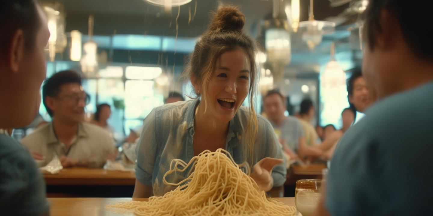 女子甩面失误粘邻桌大哥背 酒桌化解尴尬变欢乐